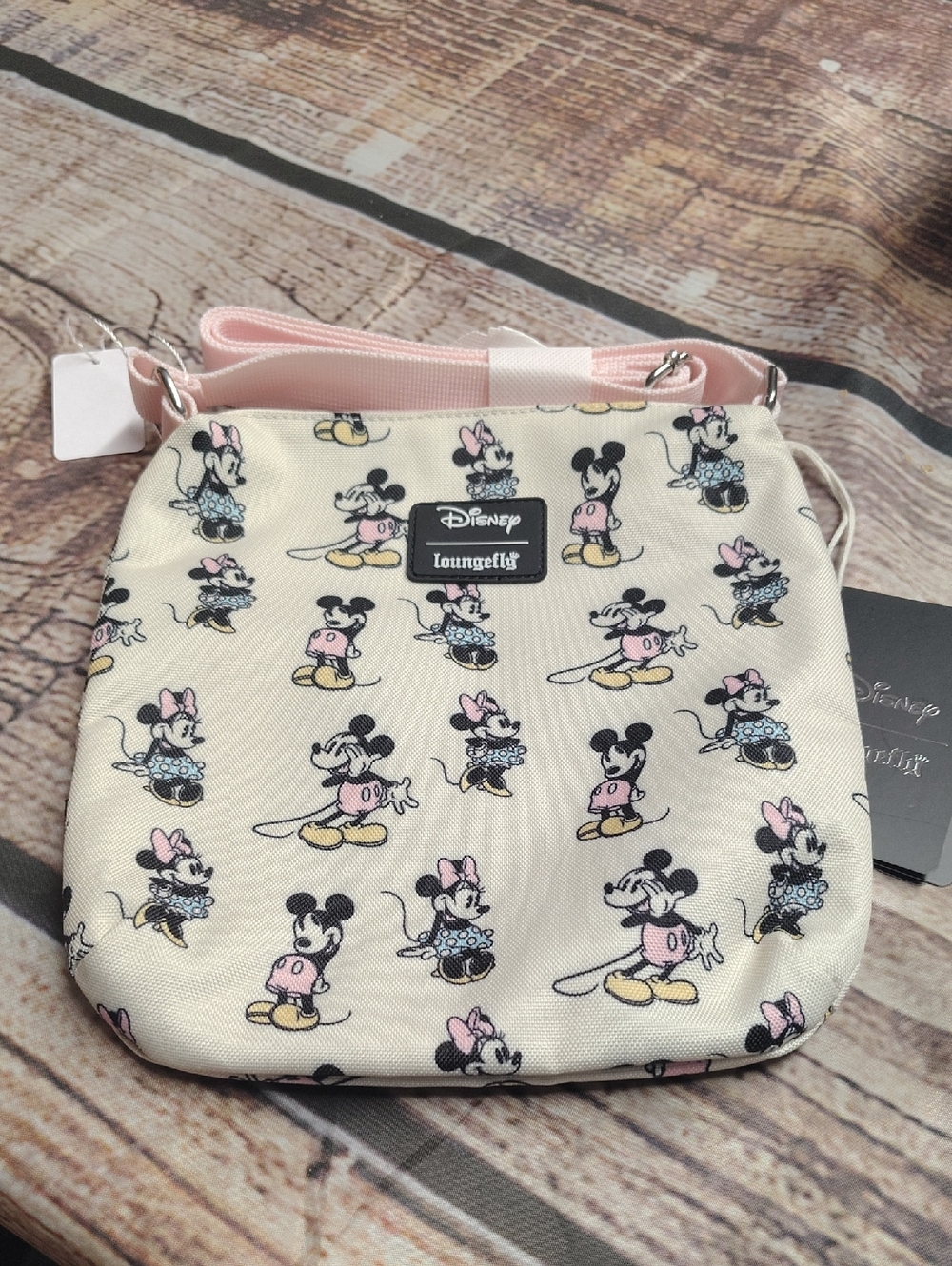 Loungefly Cream Minnie & Mickey Patterned Crossbody with Pink Strap